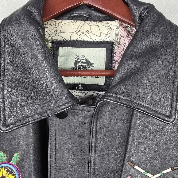 BURKS BAY Genuine Leather Bomber Jacket Map Print inside Embroidered Black Wm XL - Picture 3 of 16